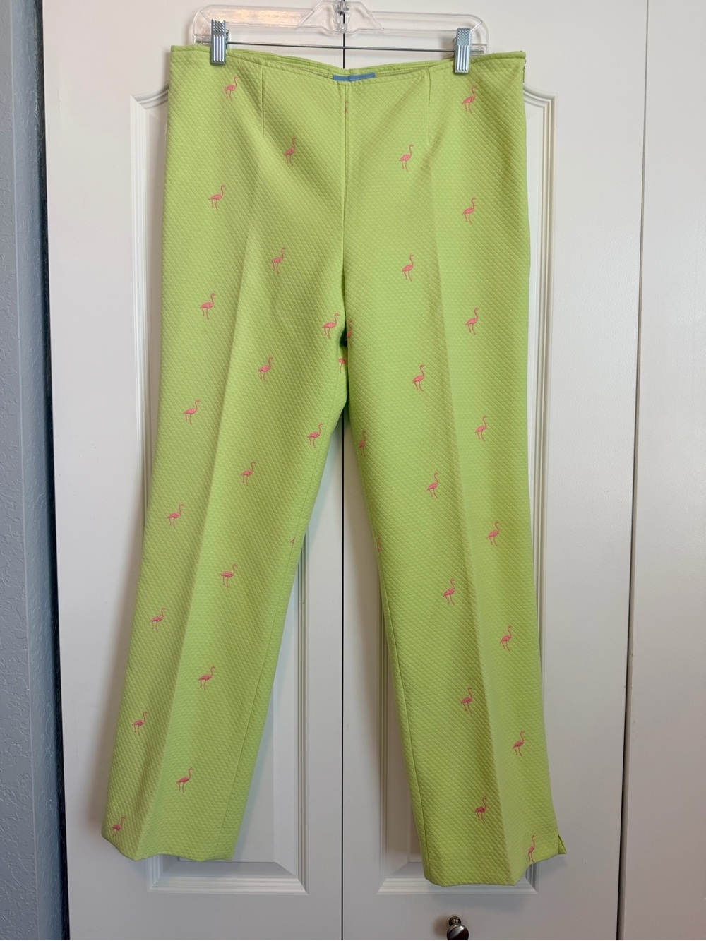 J. McLaughlin Vintage Lime Green Cropped Pants with Pink Flamingo Embroidery